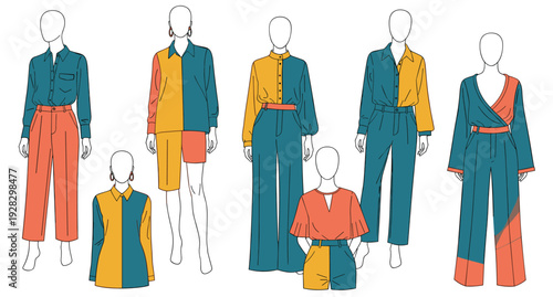 Fashion Collection Featuring Color Block Outfits and Diverse Silhouettes Isolated on White Background