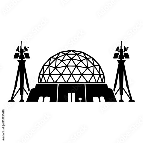 A futuristic cityscape with a large geodesic dome and tall buildings