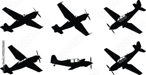 Black silhouettes of six airplanes with propellers on white background aircraft