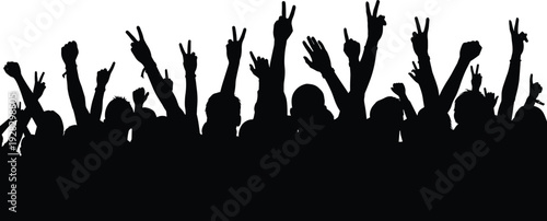 Silhouette crowd illustration, raised arms, peace signs, unity, protest, celebration, social movement, rally, collective enthusiasm, dynamic people art