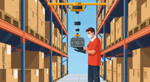 Warehouse Worker Managing Inventory with Crane.