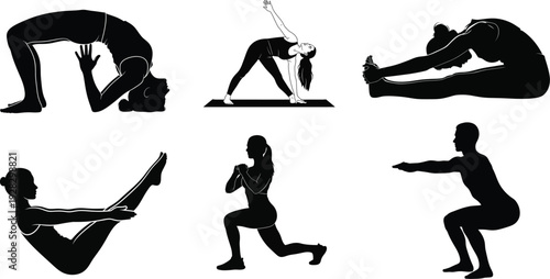 Silhouette of various yoga poses for flexibility and strength