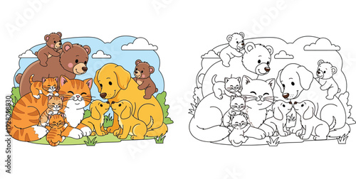 Cute cartoon animal families coloring book page with bears, cats, dogs and their babies, vector illustration for children, educational activity sheet with colored and outline versions