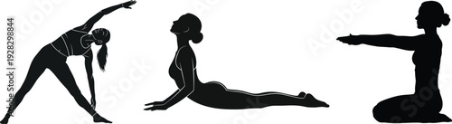Three yoga poses in silhouette against a white background showcasing flexibility and balance in a serene setting with silhouette