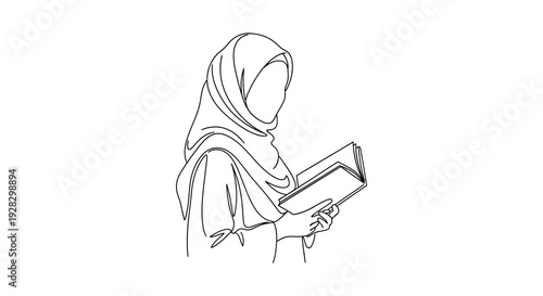 A minimalist line drawing depicts a woman in a hijab reading a book a striking silhouette high quality