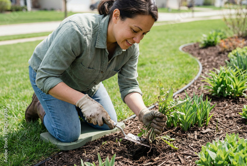 Woman removing weeds from mulched flower bed in spring garden, kneeling with hand trowel on lawn edge
