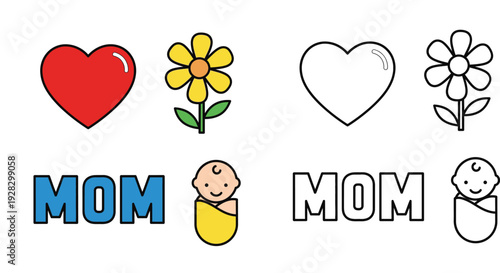 Set of cute icons featuring heart flower mom text and baby in color and outline style for Mother's Day