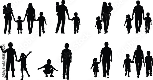 Family silhouettes with parents and children walking together, happy family moments, parenting lifestyle, love care protection vector illustration