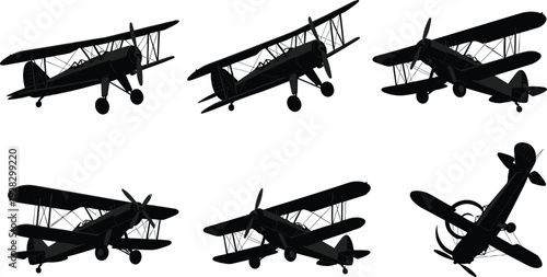 Black silhouettes of vintage biplanes in various flying positions airplanes vintage planes