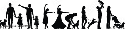 Family silhouettes with parents children pets walking dancing playing and interacting in lifestyle poses, vector illustration for design and decoration