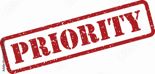 A striking red rectangular rubber stamp featuring the word PRIORITY on a clean white backdrop
