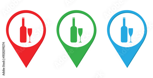 Wine Bar Location Pin Icons – Set of Wine Bottle Location Pins in Red Green and Blue – Vector Illustration