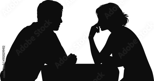 Silhouette of a man and woman at a table, woman resting her head on her hand in a pensive or concerned posture during discussion