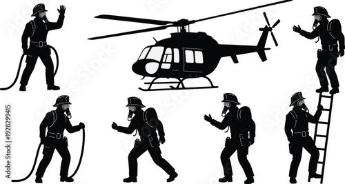 Firefighters and helicopter silhouettes in various poses firemen fire fighters