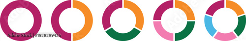 Progression of donut charts illustrating increasing data segments in purple orange green pink and blue
