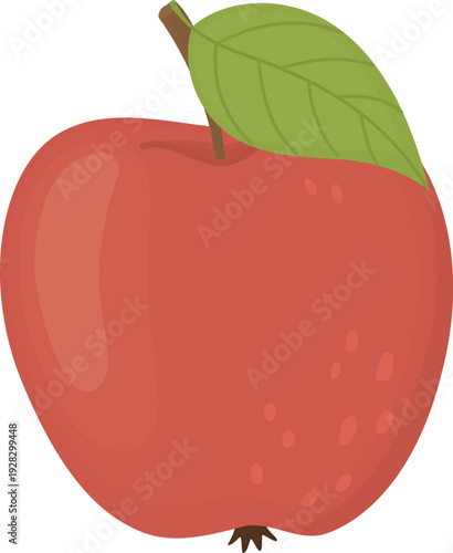 Red apple with fresh green leaf isolated on white background. Illustration of whole organic fruit