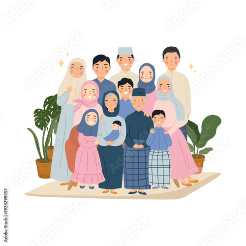Diverse Muslim family gathering together with happiness and love