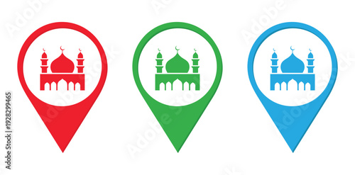 Set of Mosque Location Pins in Red, Green and Blue – Vector Illustration. Islamic Mosque Map Pins – Flat Vector Icon Collection
