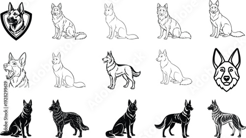 German Shepherd Dog Icon Set, Various Poses and Styles, Black and White Vector Illustration, Flat Design