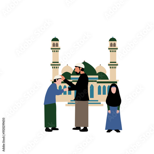 Muslim family in front of a mosque illustration