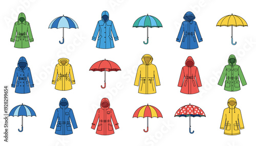 Raincoats and Umbrellas Collection: Colorful Outerwear and Weather Protection Vector Art Isolated on white background