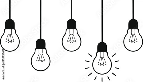 Five hanging light bulbs with distinct black outlines are arranged on a white backdrop, one glowing
