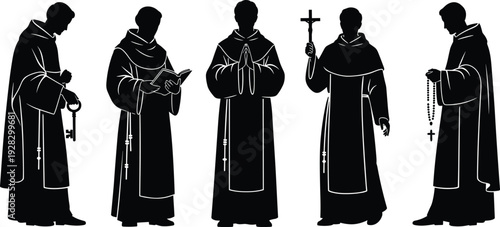 Silhouette of monastic figures illustration, religious items, key, book, cross, rosary, clerical life, spiritual devotion, symbolic art