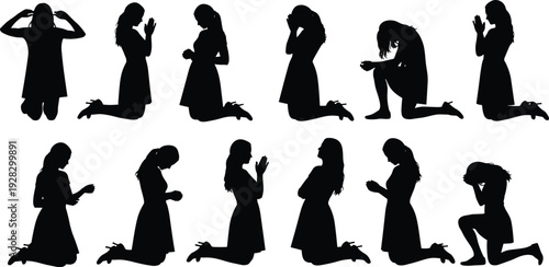 Silhouette sequence of prayer postures, kneeling and standing, spiritual devotion, emotional expression, faith unity, religious contemplation illustration art