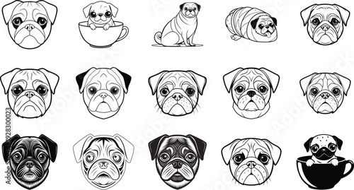 Cute pug dog faces and poses vector illustration set, flat design cartoon icons collection, scalable pet art