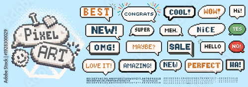 Pixel art speech bubbles. Retro 8-bit dialog boxes, vintage video game text clouds and pixelated message frames. Isometric chat blocks, arcade style quote badges and word stickers with bitmap font alp