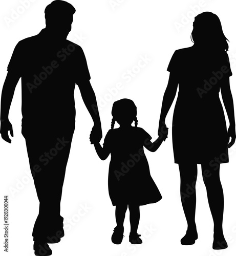 Printfamily, silhouette, walking, child, parents, unity, love, protection, vector, black, togetherness, bond, casual, illustration, sketch