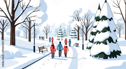 A flat 2D illustration of people walking in a snowy city park with bare trees and a Christmas tree, in a vector style with a winter atmosphere.
