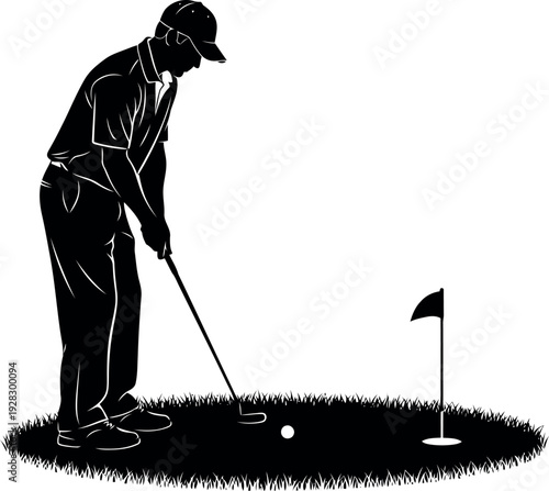Golfer preparing to putt on grass putting green with flag