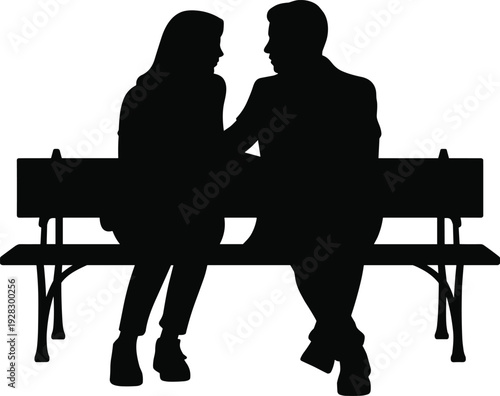 Silhouette of a romantic couple sitting closely on a bench outdoors, man's arm around woman, conveying intimacy and shared connection