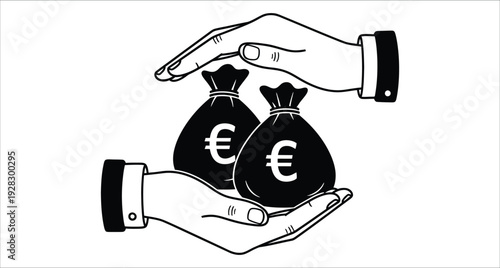 Euro Money Bags Held by Hands - Simple Line Art Vector Illustration