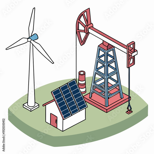 Isometric view of oil pump wind turbine and solar panels on green ground