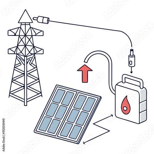 Of solar panel connected to power tower and battery with oil drop symbol