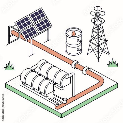 Solar panels connected to industrial machinery and oil barrel with wind turbine