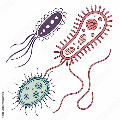 Colorful of bacteria with flagella and pili microorganisms