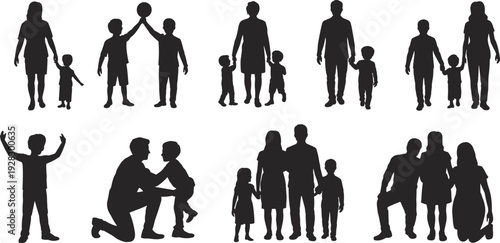 Family silhouettes set, parents and children holding hands, happy parenting and childhood moments isolated black vector illustration