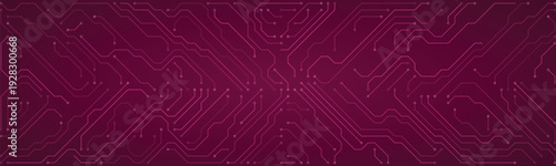 Deep magenta circuit board design with detailed electronic pathways and connection nodes, symbolizing digital connectivity and technological advancement on a dark backdrop