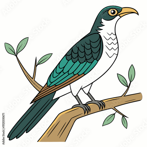 Green and white bird with yellow beak on branch