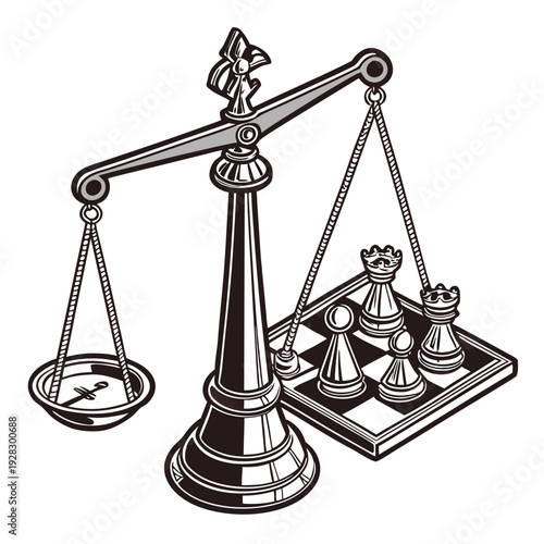 Black and white of a balance scale with chess pieces on a chessboard and coins on one side