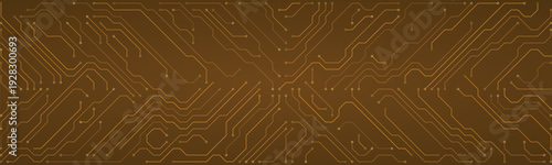 Detailed electronic circuit board texture in warm brown and gold tones, showcasing intricate pathways and connection points for technology concepts