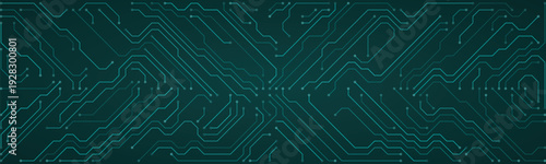 Teal circuit board pattern with complex interconnected pathways and nodes, representing digital networks and technological infrastructure on a dark background