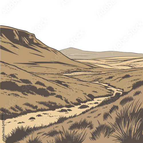 Dry highland landscape with rolling hills and sparse vegetation