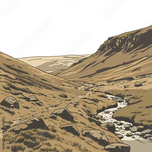 Brown hillside with stream and rocks landscape