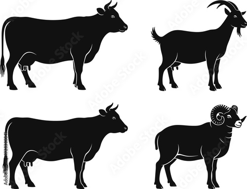 Farm animal silhouette illustration set, livestock identification and agriculture concept, black and white design, rural and educational theme