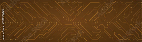 Warm brown circuit board graphic with detailed electronic pathways and connection points, illustrating technological infrastructure and digital systems on a subtle gradient background