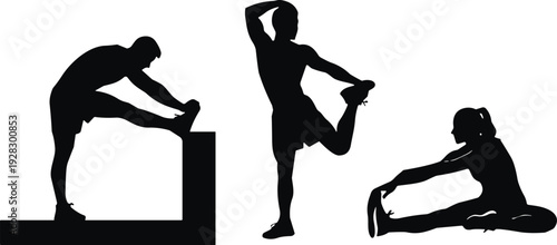 Fitness stretching silhouettes, athletes warming up and cooling down, healthy lifestyle exercise routine, flexibility training workout isolated vector illustration